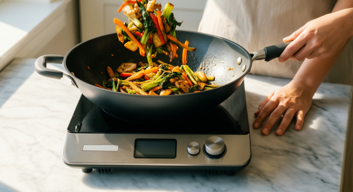 nuovva non stick induction wok — lifestyle photo showing nuovva Non Stick Induction in use