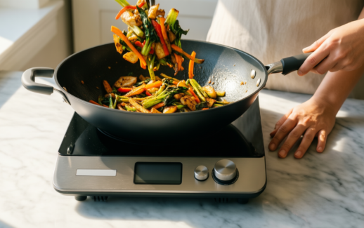 nuovva non stick induction wok — lifestyle photo showing nuovva Non Stick Induction in use