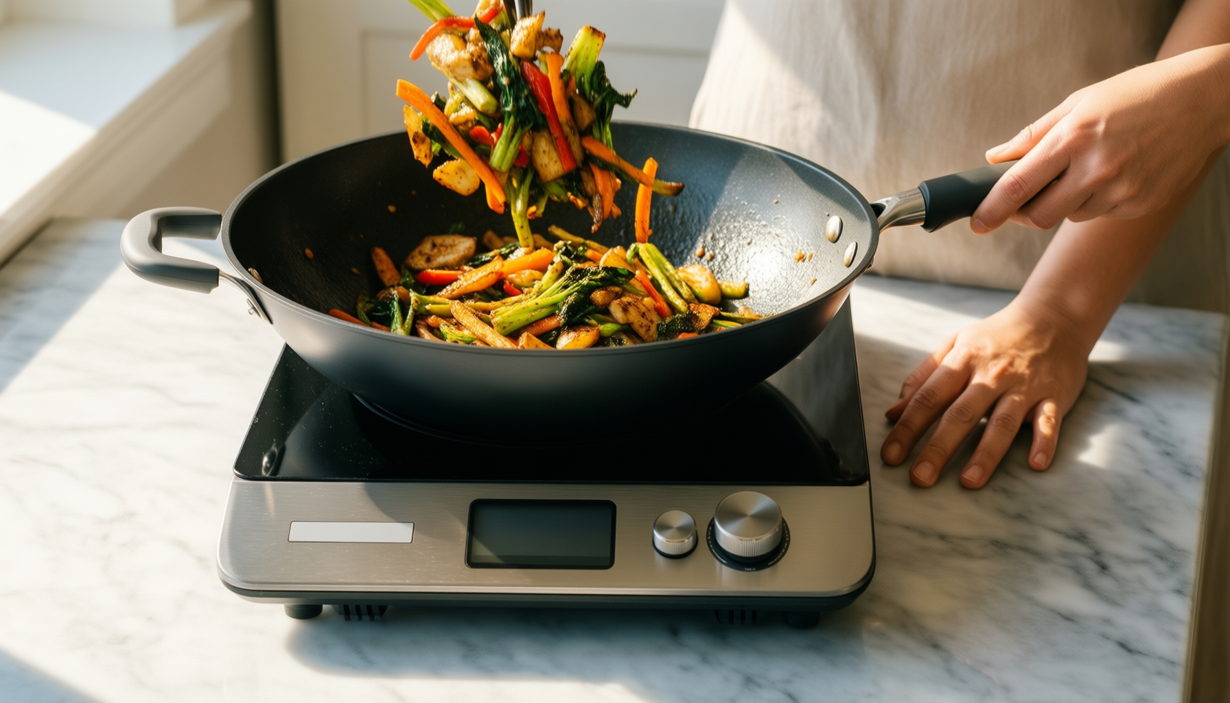 nuovva non stick induction wok — lifestyle photo showing nuovva Non Stick Induction in use