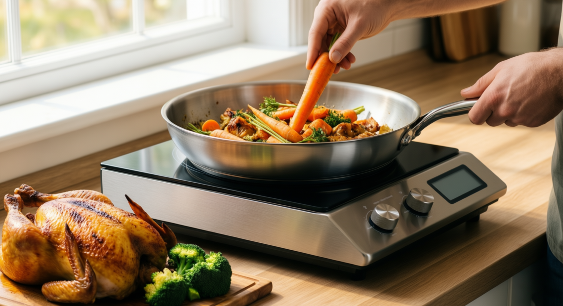 tefal comfort max stainless steel frying — lifestyle photo showing Tefal Comfort Max Stainless in use