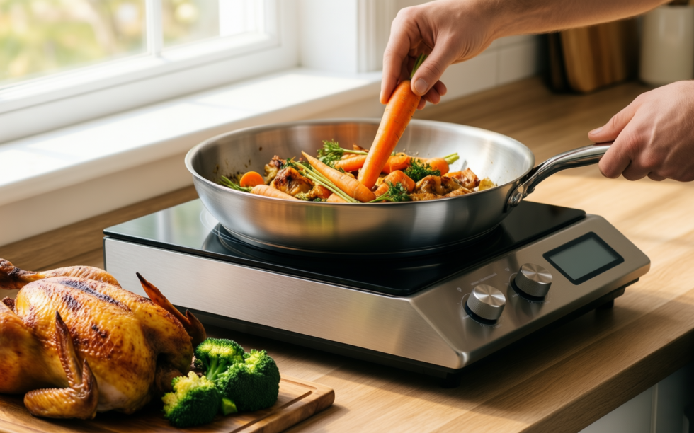 tefal comfort max stainless steel frying — lifestyle photo showing Tefal Comfort Max Stainless in use