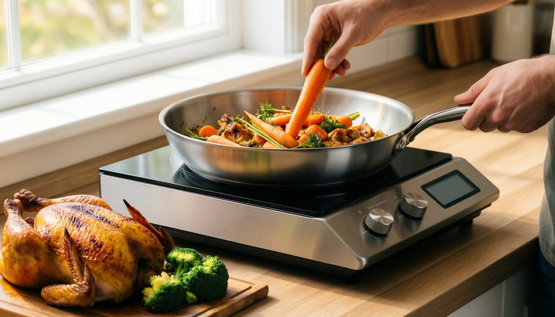 tefal comfort max stainless steel frying — lifestyle photo showing Tefal Comfort Max Stainless in use
