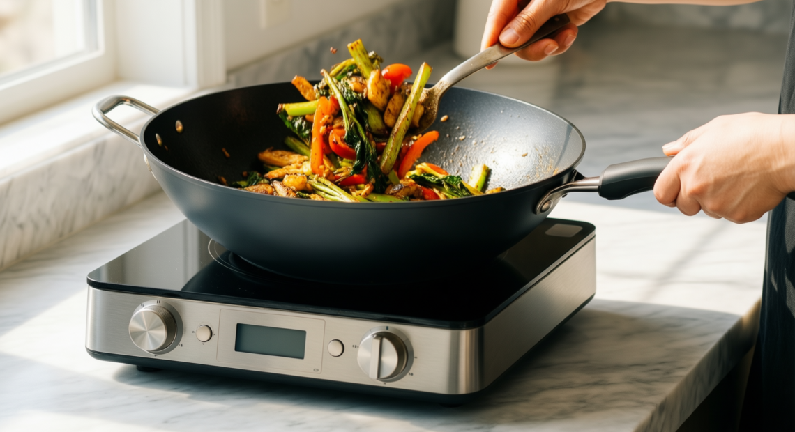 nuovva induction wok — lifestyle photo showing nuovva Induction Non Stick in use
