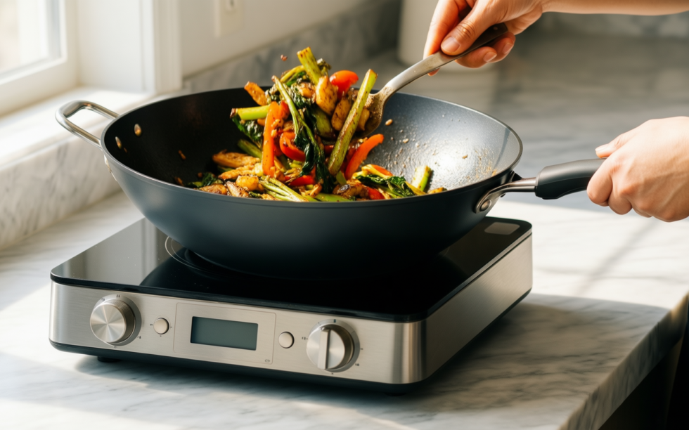 nuovva induction wok — lifestyle photo showing nuovva Induction Non Stick in use