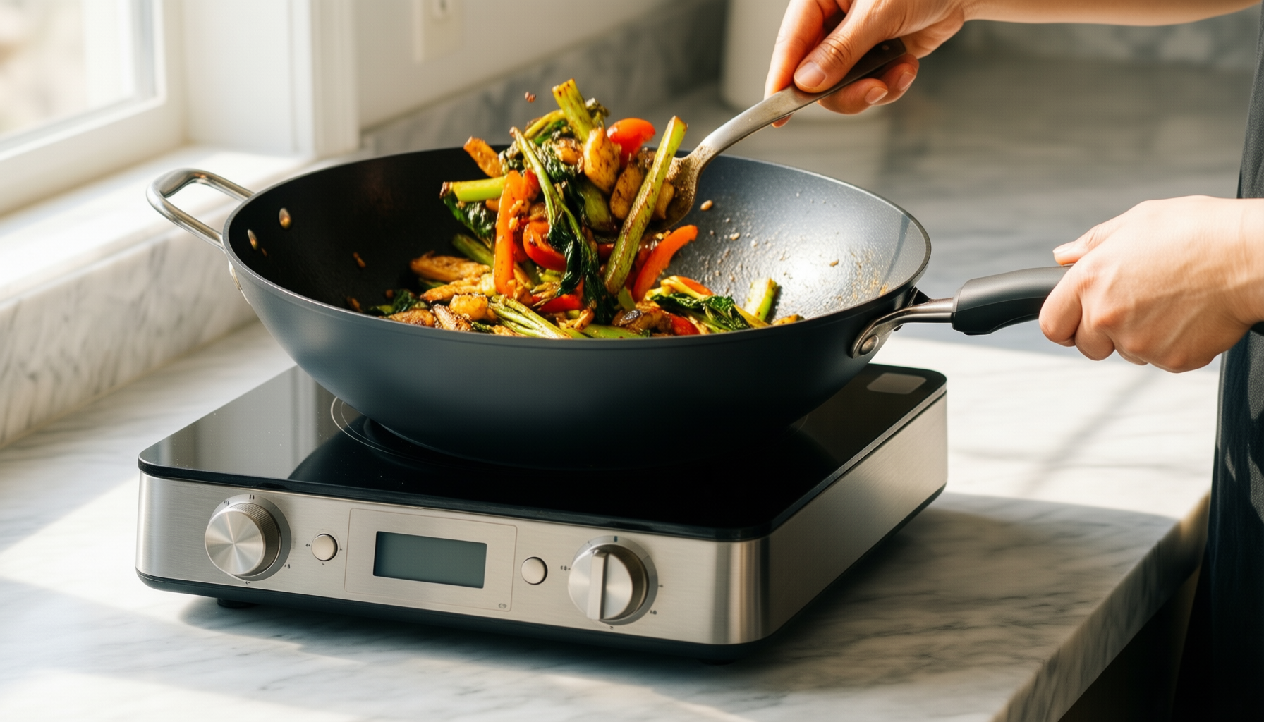 nuovva induction wok — lifestyle photo showing nuovva Induction Non Stick in use