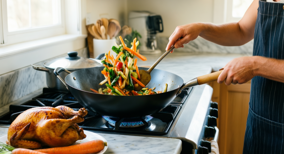 tefal easy cook and clean wok — lifestyle photo showing Tefal B55519 Easy Cook in use