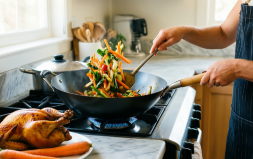 tefal easy cook and clean wok — lifestyle photo showing Tefal B55519 Easy Cook in use