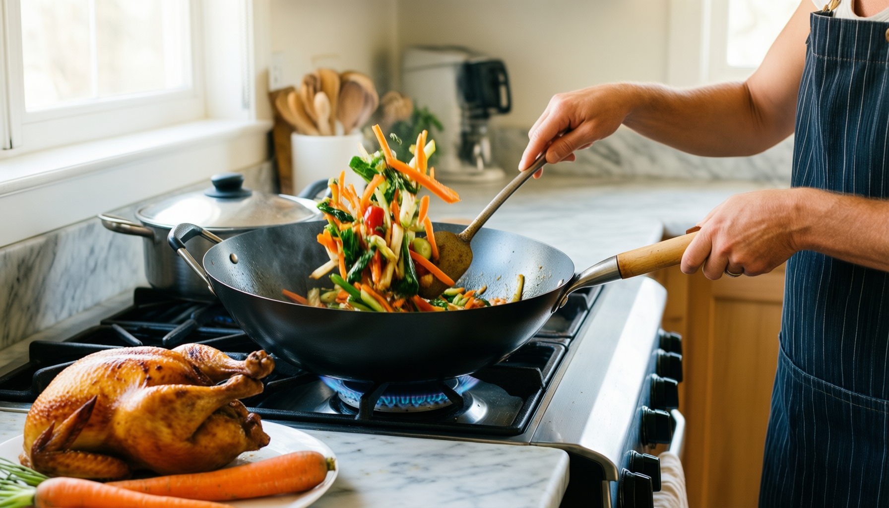 tefal easy cook and clean wok — lifestyle photo showing Tefal B55519 Easy Cook in use