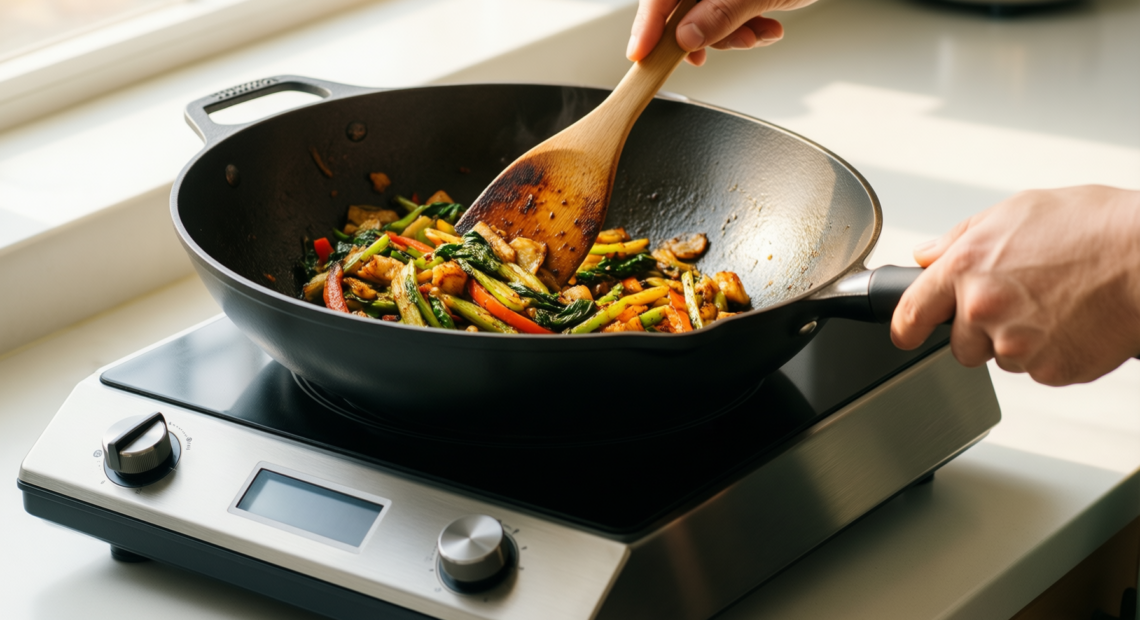 nutrichef cast iron wok — lifestyle photo showing Nutrichef Pre-Seasoned Cast Iron in use