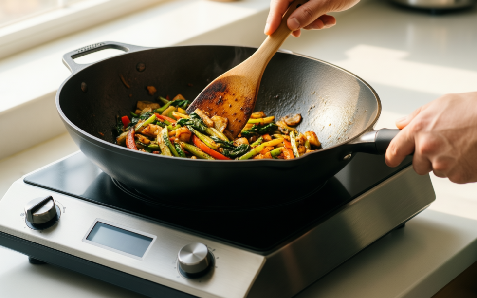 nutrichef cast iron wok — lifestyle photo showing Nutrichef Pre-Seasoned Cast Iron in use