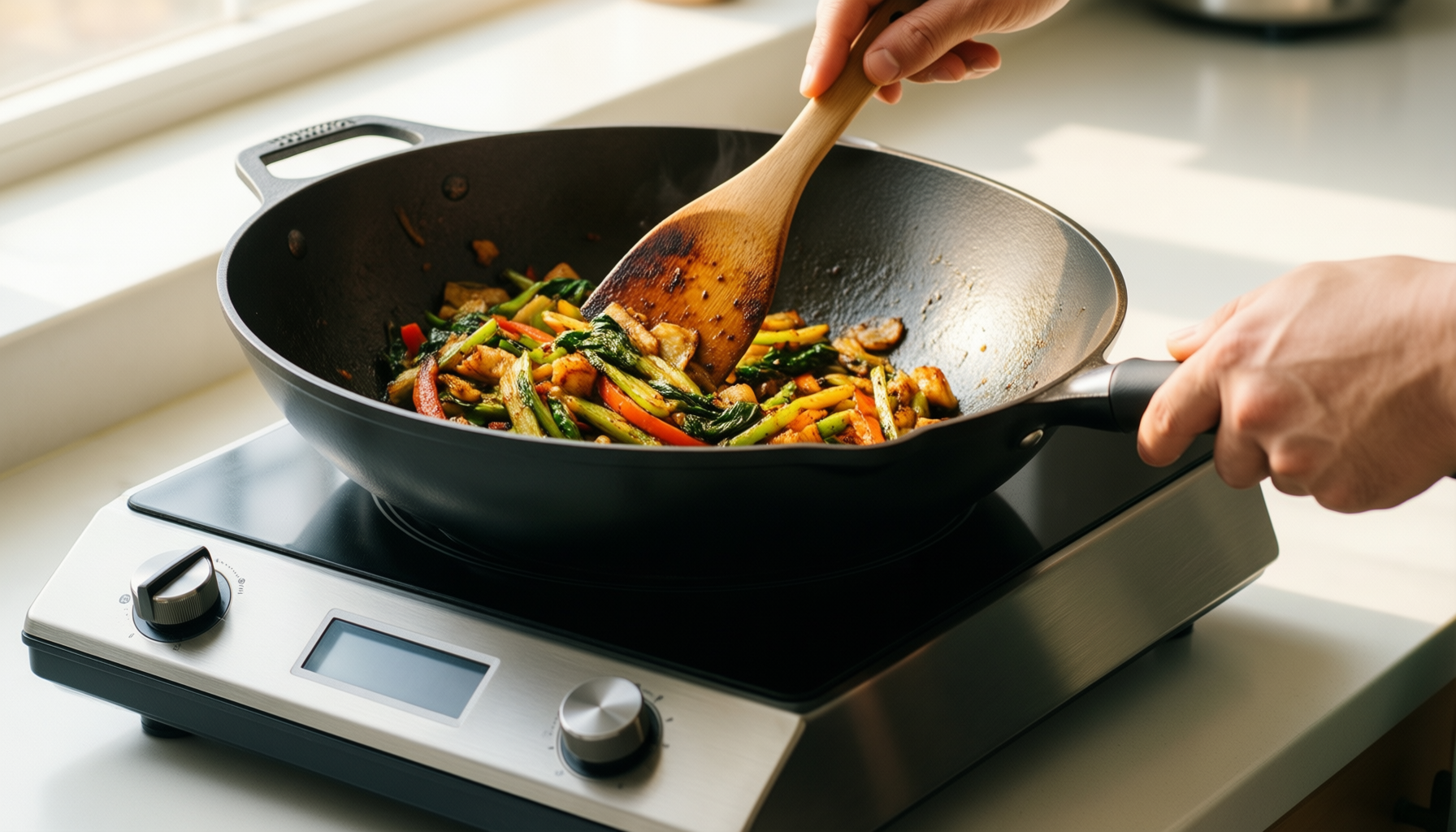 nutrichef cast iron wok — lifestyle photo showing Nutrichef Pre-Seasoned Cast Iron in use
