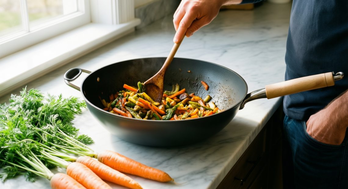best non stick wok uk — lifestyle photo showing DOTCLAD Wok pan,Hybrid 13Inch(32cm) in use