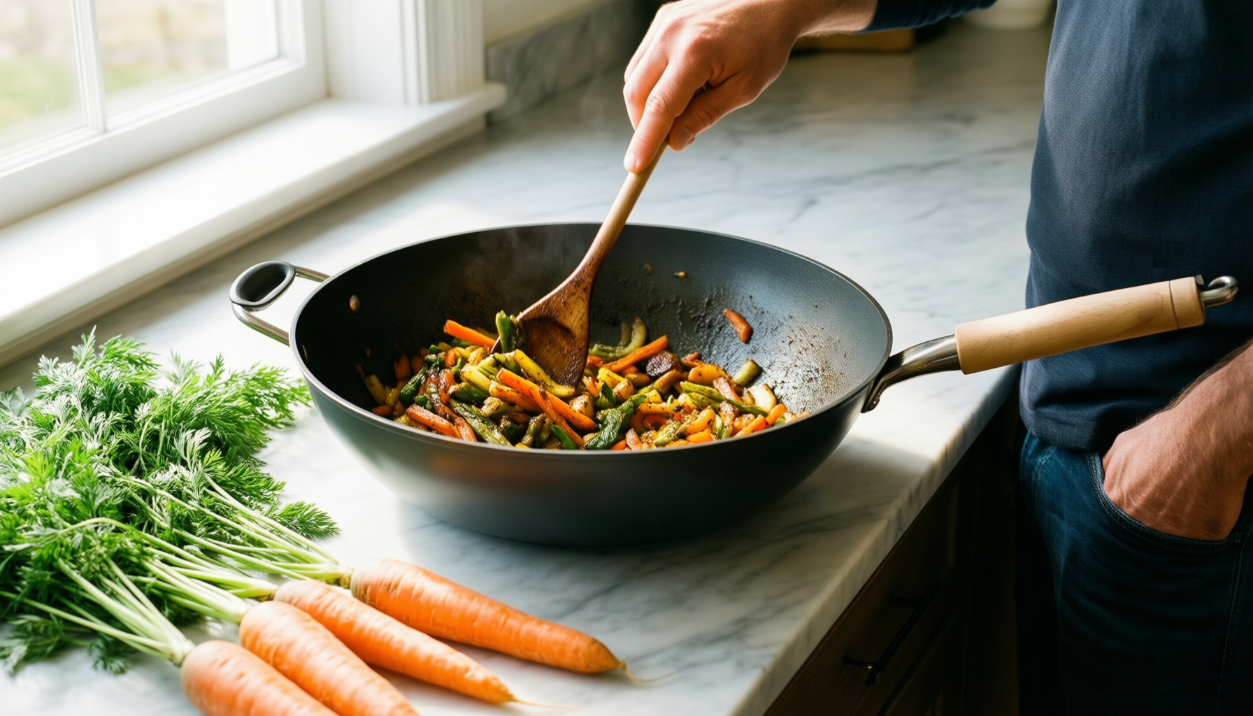 best non stick wok uk — lifestyle photo showing DOTCLAD Wok pan,Hybrid 13Inch(32cm) in use