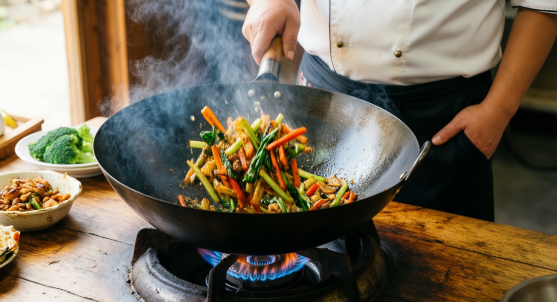 ken hom excellence wok — lifestyle photo showing Ken Hom Excellence 32cm in use