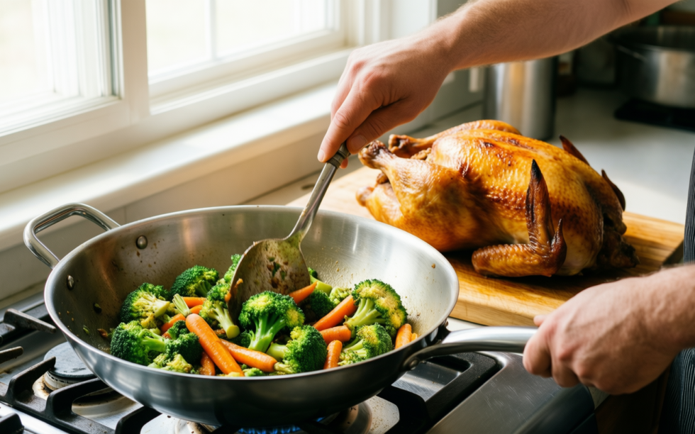 wmf macau wok 36cm — lifestyle photo showing WMF Macau 18/10 stainless in use