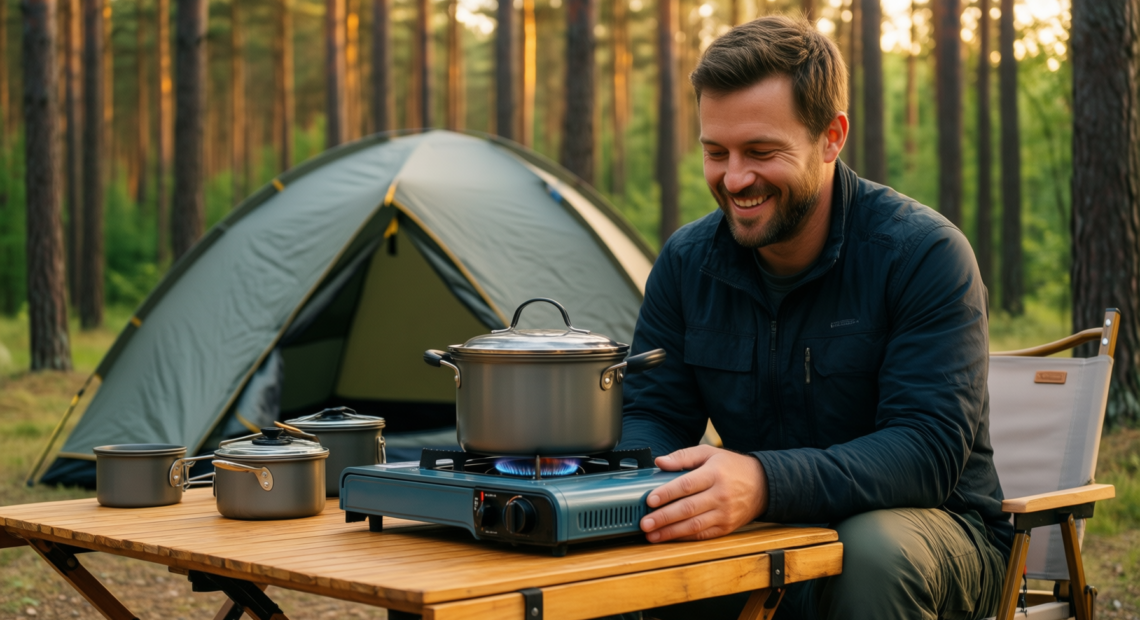 Campingaz 2 burner camping stove — lifestyle photo showing Campingaz Camping Cook CV in use