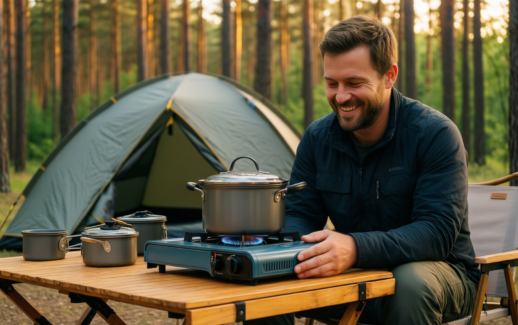 Campingaz 2 burner camping stove — lifestyle photo showing Campingaz Camping Cook CV in use