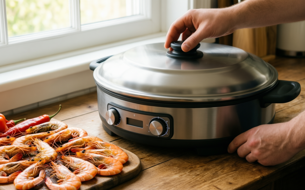 paella pan with lid 36cm — lifestyle photo showing Paella Pan with Lid in use