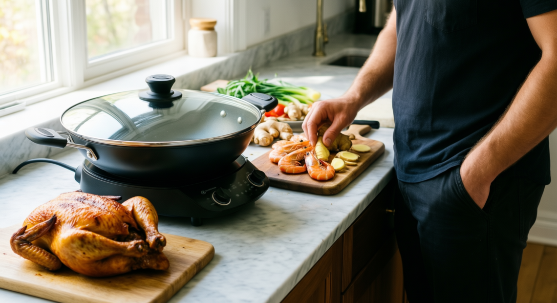 nuwave mosaic induction wok — lifestyle photo showing Nuwave Mosaic Induction Wok, in use