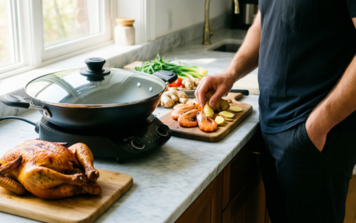 nuwave mosaic induction wok — lifestyle photo showing Nuwave Mosaic Induction Wok, in use