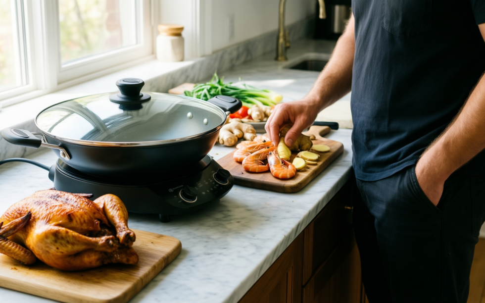 nuwave mosaic induction wok — lifestyle photo showing Nuwave Mosaic Induction Wok, in use