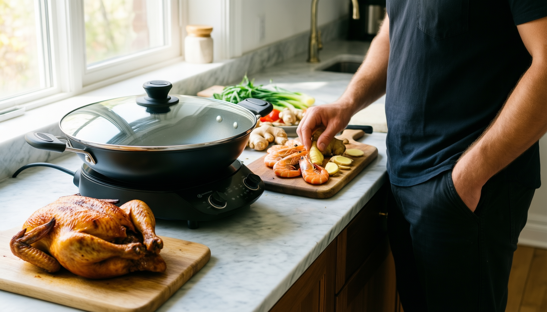 nuwave mosaic induction wok — lifestyle photo showing Nuwave Mosaic Induction Wok, in use