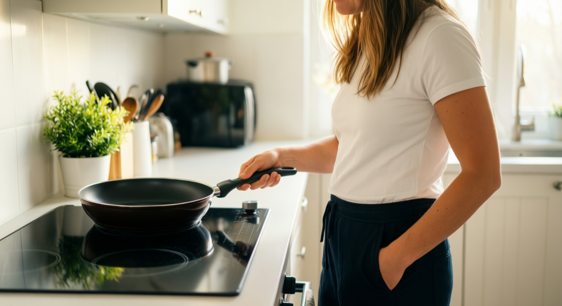 tefal comfort max saute pan 26cm — lifestyle photo showing Tefal Comfort Max Stainless in use