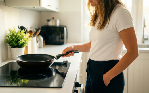 tefal comfort max saute pan 26cm — lifestyle photo showing Tefal Comfort Max Stainless in use