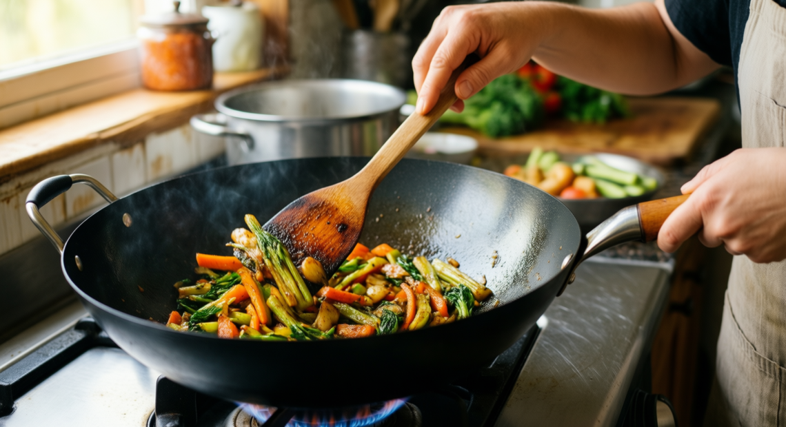 circulon total induction wok — lifestyle photo showing Circulon Total Induction Wok in use