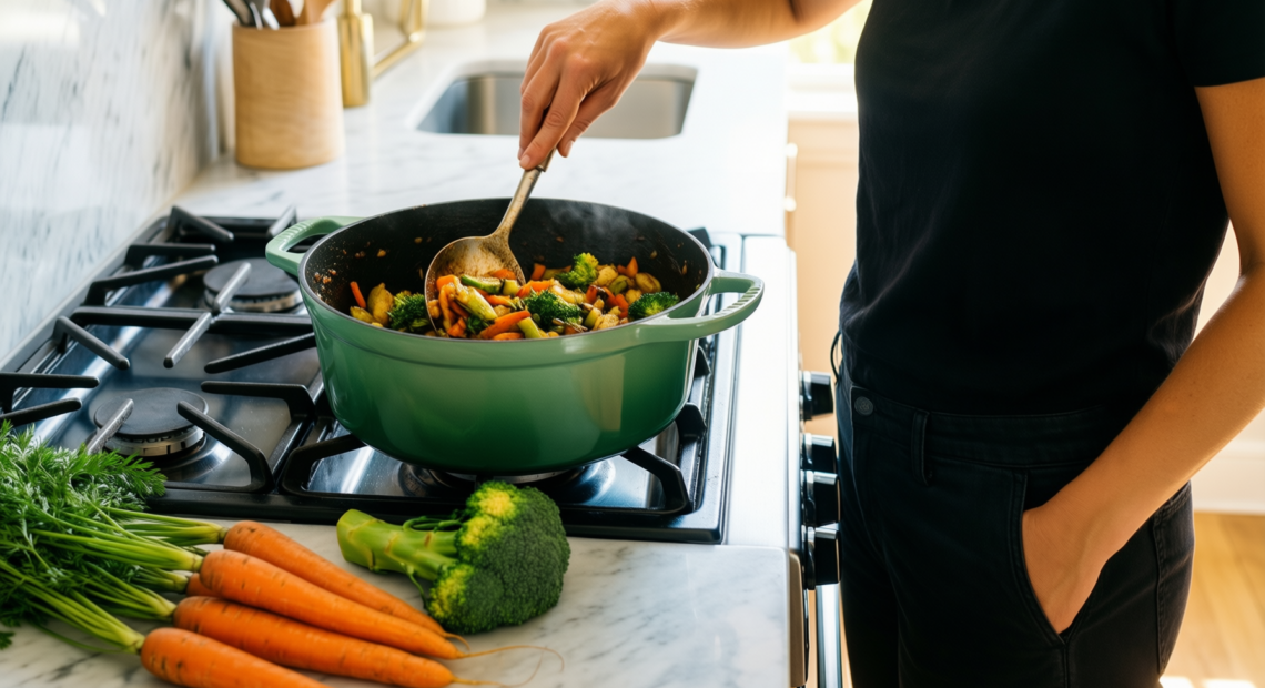 tefal ingenio serenity green cookware set — lifestyle photo showing Tefal Ingenio Serenity Green in use