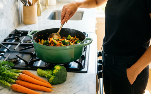 tefal ingenio serenity green cookware set — lifestyle photo showing Tefal Ingenio Serenity Green in use