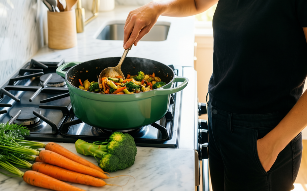 tefal ingenio serenity green cookware set — lifestyle photo showing Tefal Ingenio Serenity Green in use