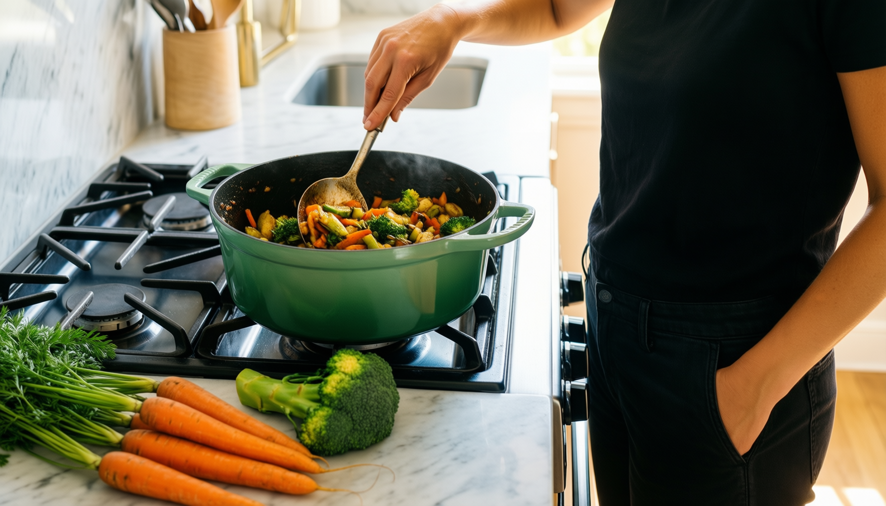 tefal ingenio serenity green cookware set — lifestyle photo showing Tefal Ingenio Serenity Green in use