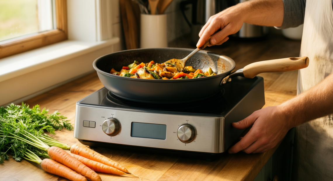 gipp nonstick frying pan with lid — lifestyle photo showing GiPP Nonstick Frying Pan in use