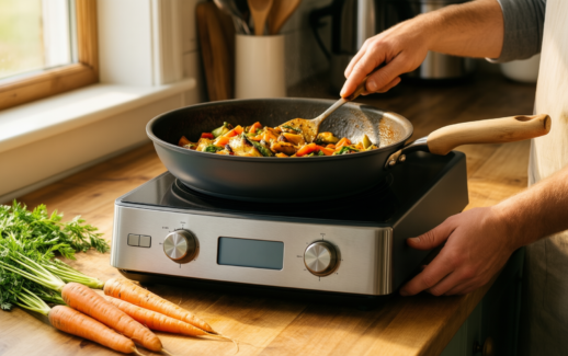 gipp nonstick frying pan with lid — lifestyle photo showing GiPP Nonstick Frying Pan in use
