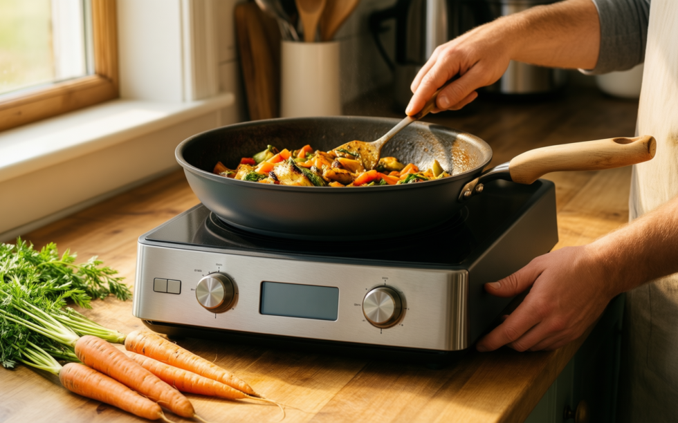 gipp nonstick frying pan with lid — lifestyle photo showing GiPP Nonstick Frying Pan in use