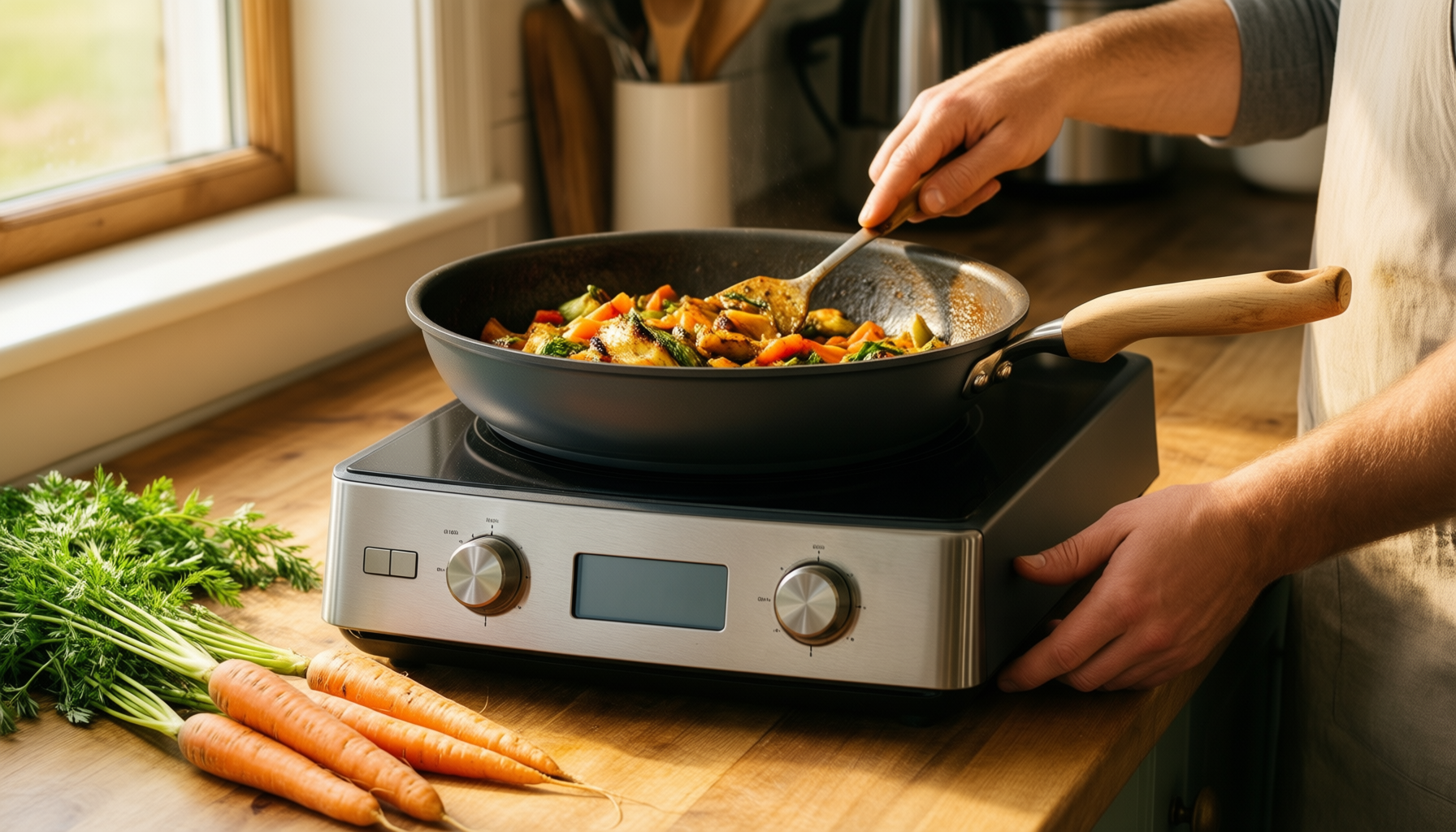gipp nonstick frying pan with lid — lifestyle photo showing GiPP Nonstick Frying Pan in use