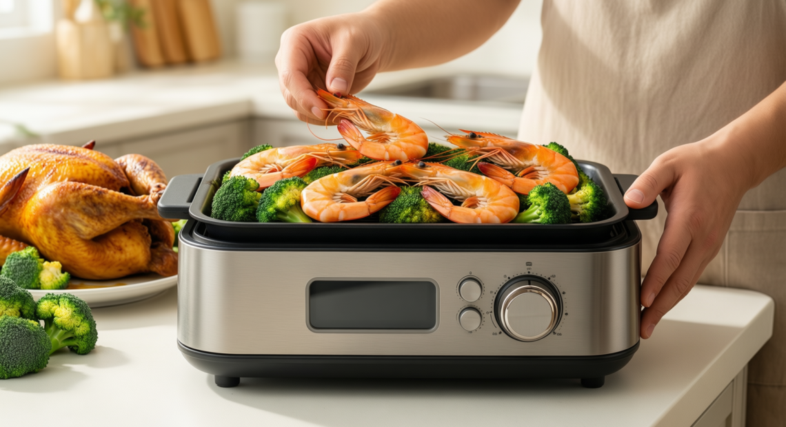 maconee microwave grill pan — lifestyle photo showing Maconee Microwave Grill Pan in use