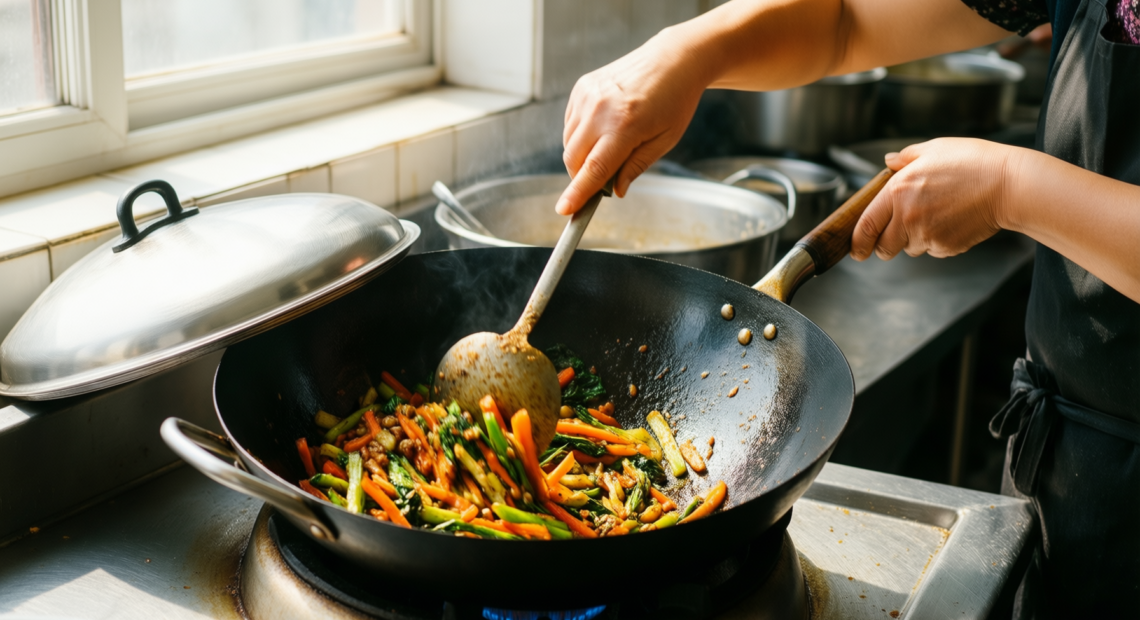 intignis wok nonstick with lid — lifestyle photo showing INTIGNIS Wok Nonstick with in use