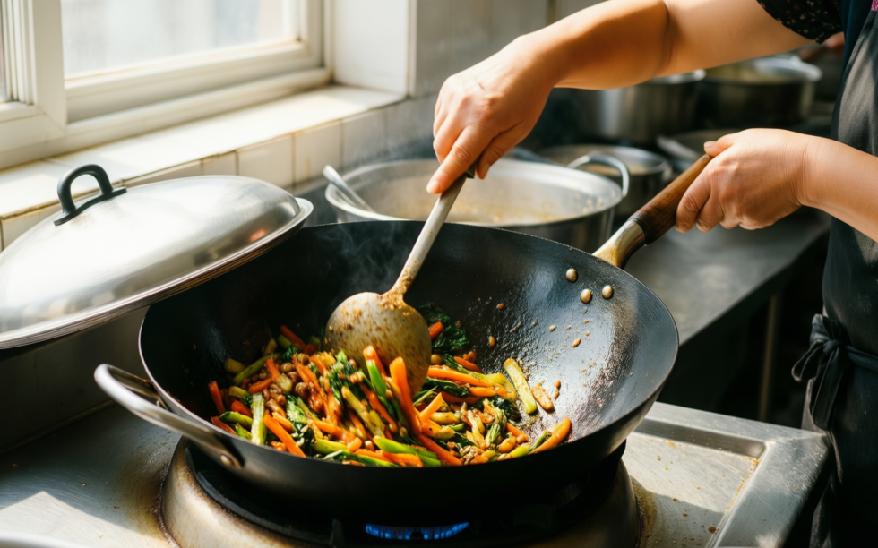 intignis wok nonstick with lid — lifestyle photo showing INTIGNIS Wok Nonstick with in use