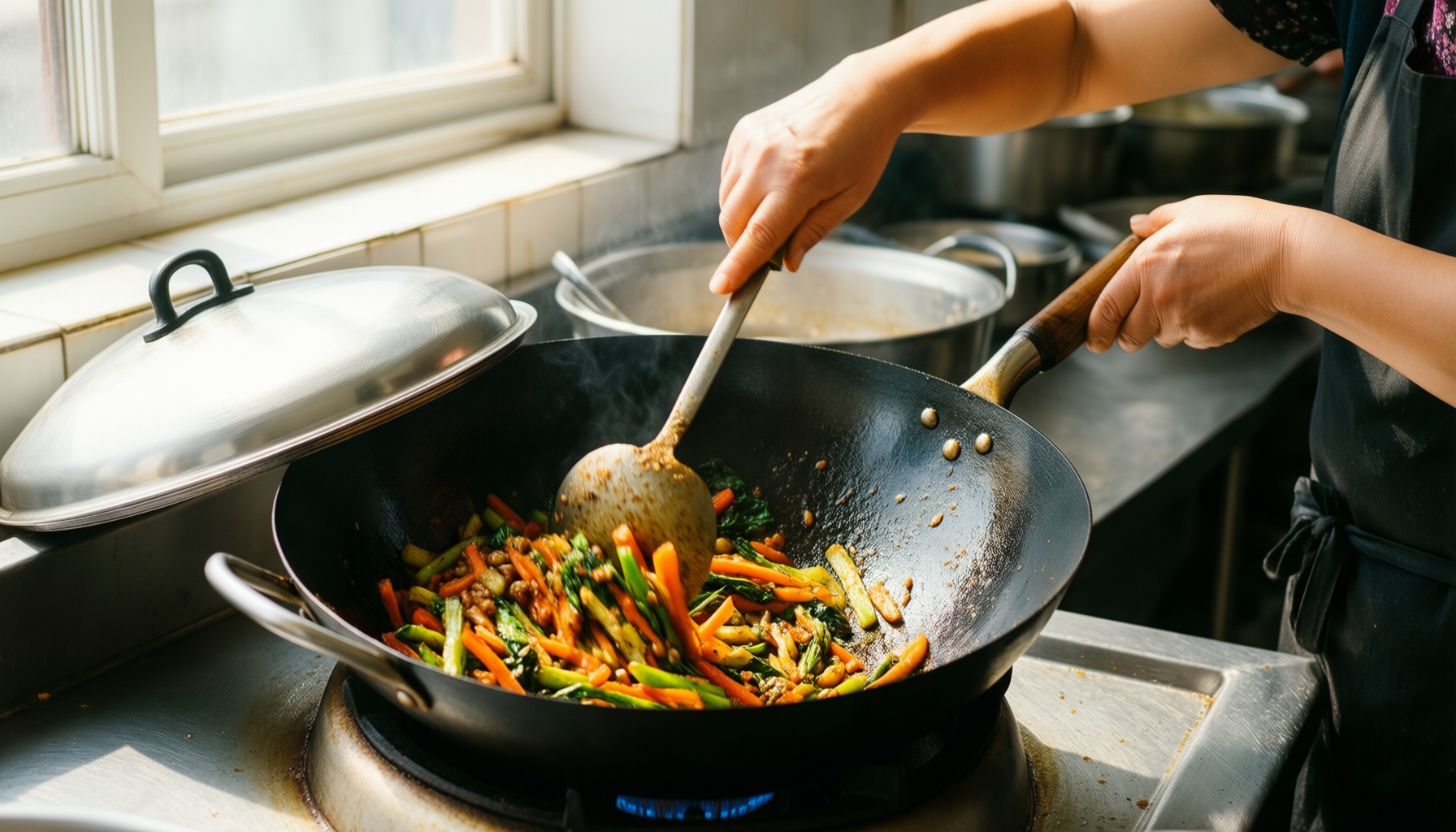 intignis wok nonstick with lid — lifestyle photo showing INTIGNIS Wok Nonstick with in use
