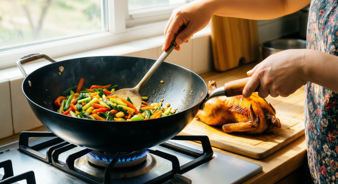 mammafong 16 inch carbon steel wok — lifestyle photo showing Mammafong Large Flat Bottom in use