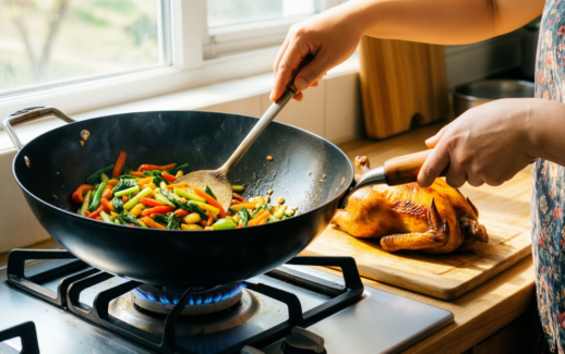 mammafong 16 inch carbon steel wok — lifestyle photo showing Mammafong Large Flat Bottom in use