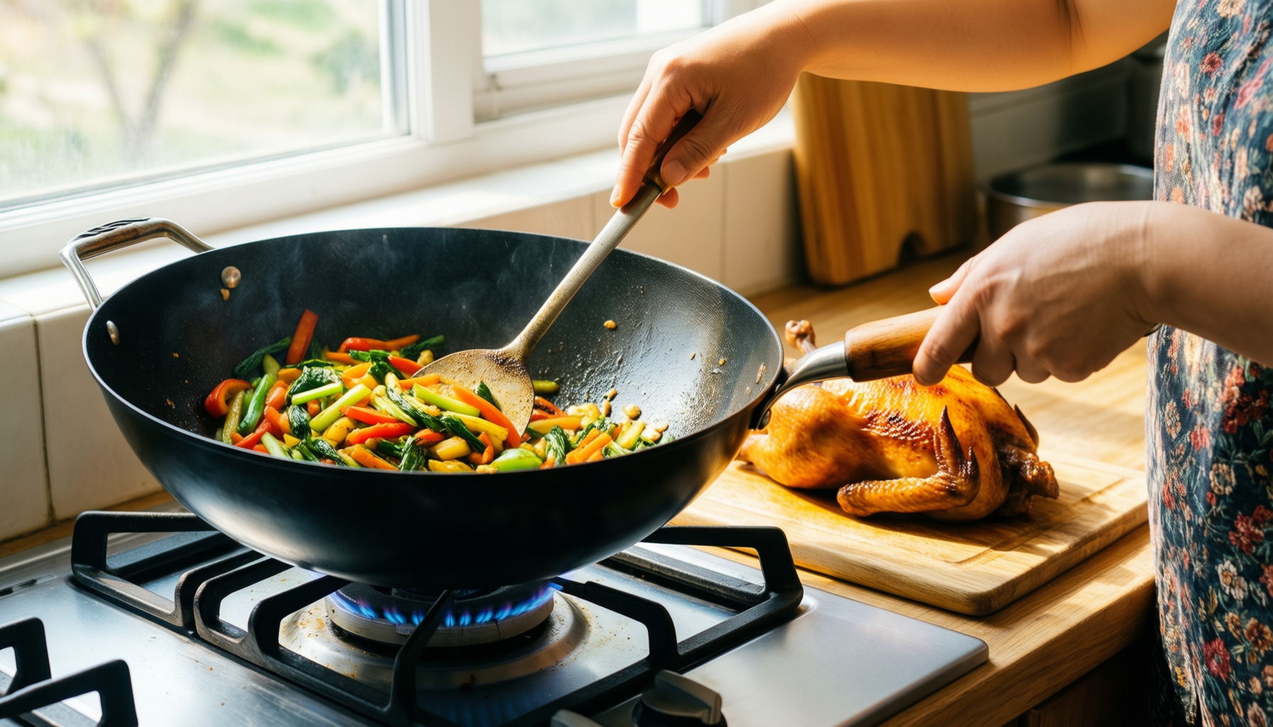 mammafong 16 inch carbon steel wok — lifestyle photo showing Mammafong Large Flat Bottom in use