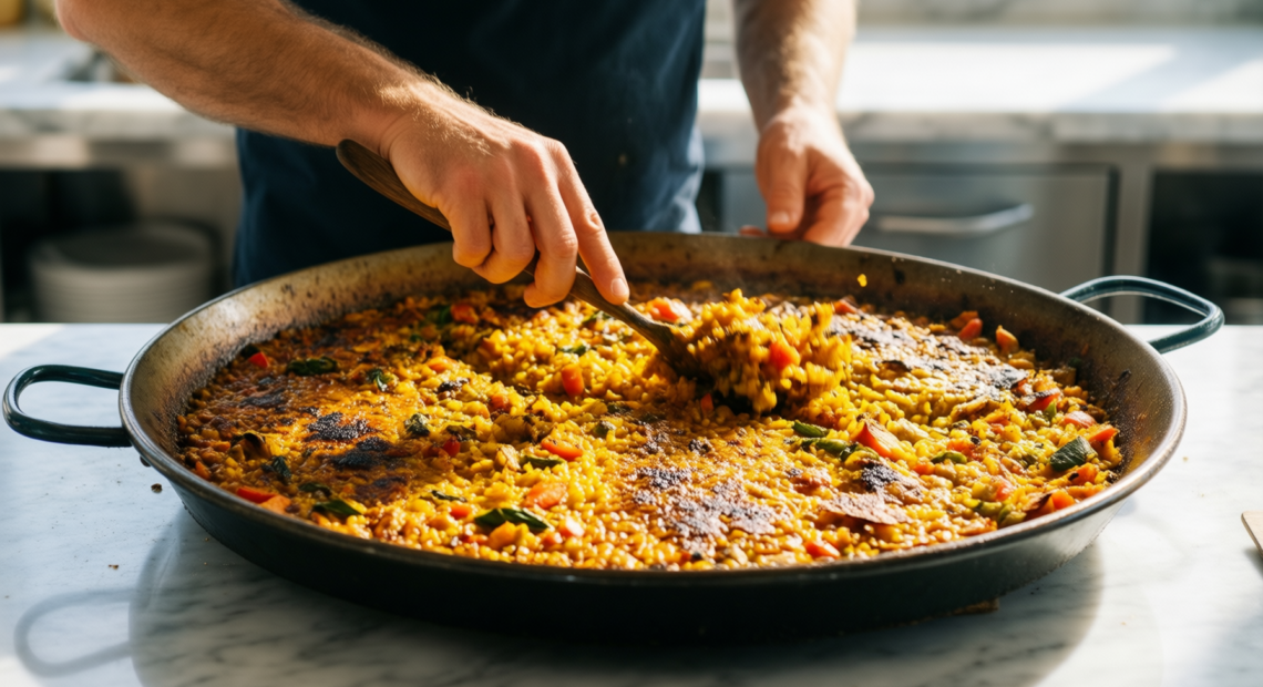 intignis paella pan 40cm — lifestyle photo showing INTIGNIS Traditional Paella Pan in use