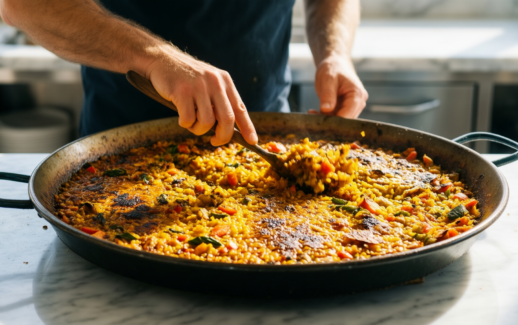 intignis paella pan 40cm — lifestyle photo showing INTIGNIS Traditional Paella Pan in use