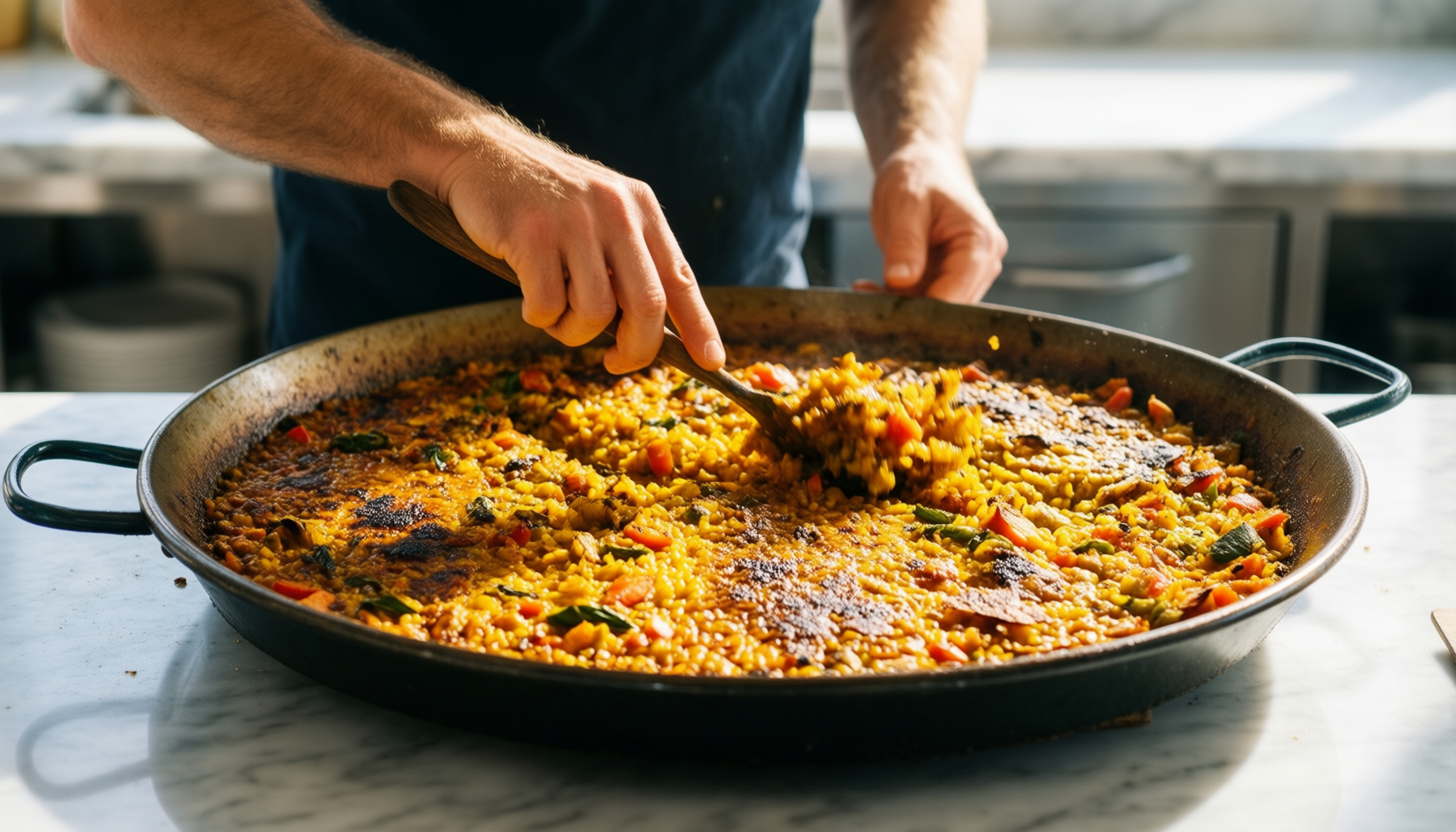 intignis paella pan 40cm — lifestyle photo showing INTIGNIS Traditional Paella Pan in use
