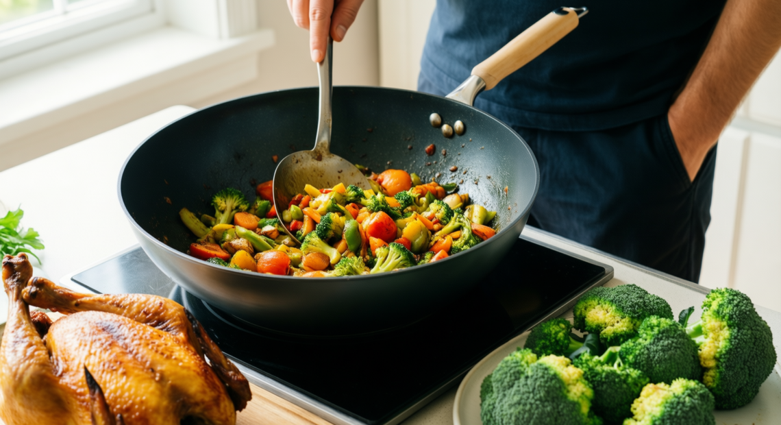 bezia wok non stick with lid — lifestyle photo showing BEZIA Wok Non Stick in use
