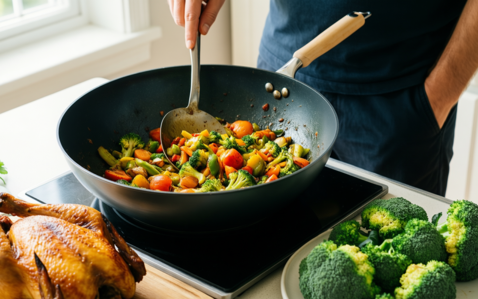 bezia wok non stick with lid — lifestyle photo showing BEZIA Wok Non Stick in use