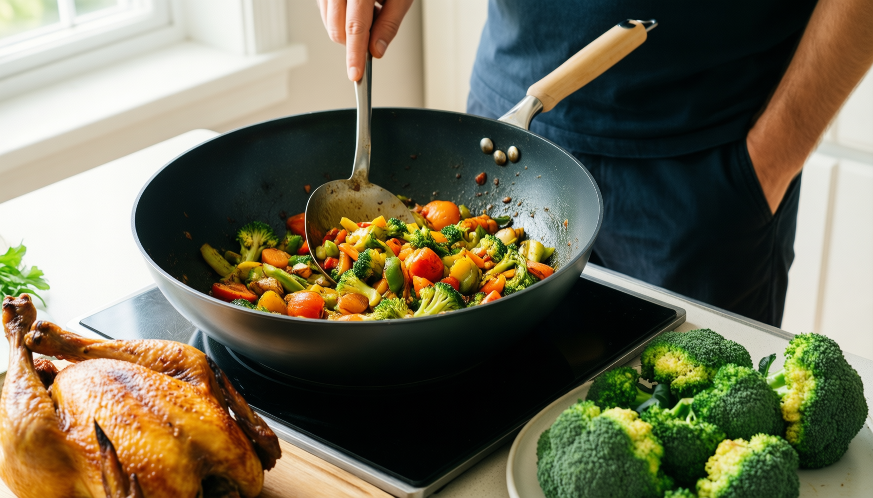 bezia wok non stick with lid — lifestyle photo showing BEZIA Wok Non Stick in use